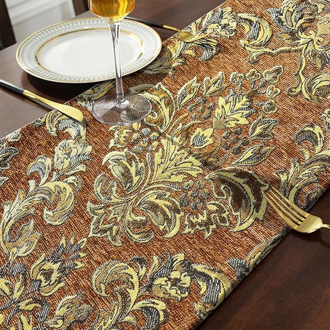 Vintage Table Runner 13x98 Premium Chenille for Thanksgiving Party Fireplace Decorations - Caramel
