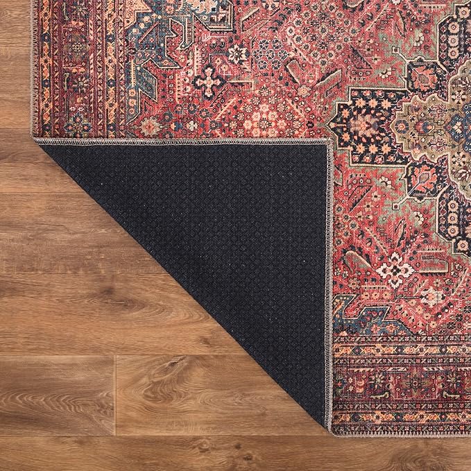 Bloom Rugs Washable Non-Slip 3' x 5' Rug - Red/Teal Blue/Yellow Traditional Medallion Area Rug for Living Room, Bedroom, Dining Room, and Kitchen - Exact Size: 3' x 5'