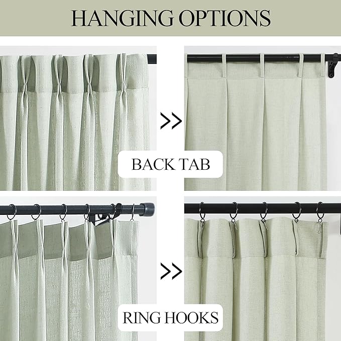 Vision Home Pinch Pleated Semi Sheer Curtains Textured Linen Blended Light Filtering Window Curtains 84 inch for Living Room Bedroom Pinch Pleat Drapes with Hooks 2 Panels 40" Wx84 L,Soft Green