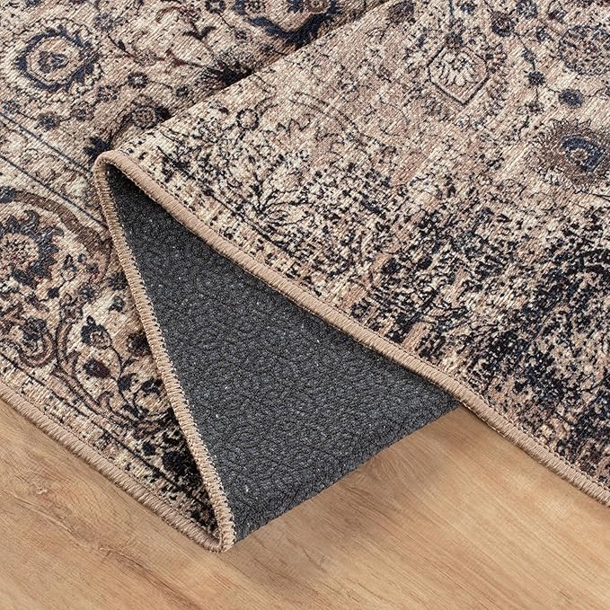Bloom Rugs Washable Non-Slip 8' x 10' Rug - Light Tan/Blue Traditional Oriental Area Rug for Living Room, Bedroom, Dining Room, and Kitchen - Exact Size: 8' x 10'