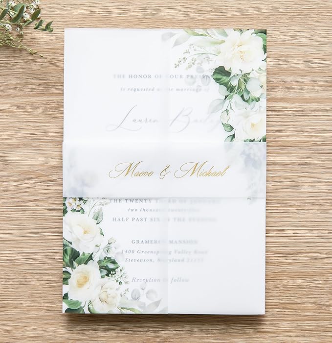 PONATIA 50 PCS Vellum Jackets for 5x7 Invitations- 135gsm White Floral Printed Vellum Sleeves, Quinceanera Wedding Invitation Cards Wraps, Green Flower Transparent Jacket