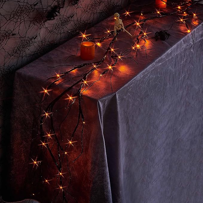 Birchlitland Halloween Lighted Garland Battery Operated with Timer 6FT 48 LED Fairy Lights, Faux Vine with Lights for Mantel Fireplace Wall Patio and Holiday Decor