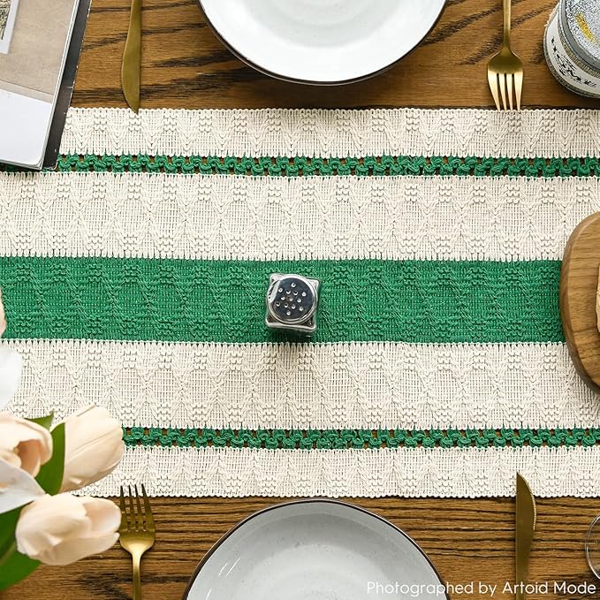 Artoid Mode Dark Green Farmhouse Woven Rustic Table Runner, Seasonal Holiday Hollow Kitchen Dining Table Decoration for Home Party Decor 12x108 Inch