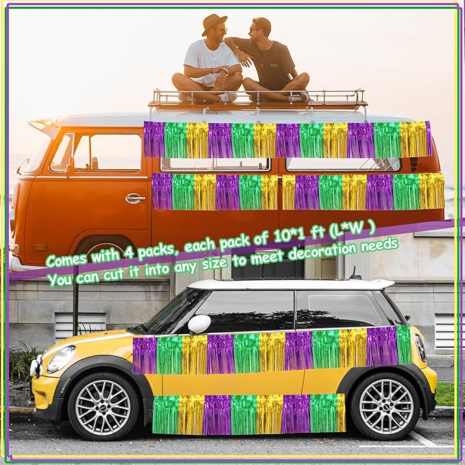 4 Pack 10 Feet Green Gold Purple Foil Fringe Garland Metallic Tinsel Streamers Banner Fringe Backdrop Banner for Parade Floats Mardi Gras Birthday Party Homecoming Decoration (Green Gold Purple)…