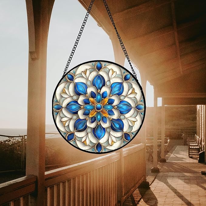 Stained Glass Window Hanging - Blue and White Abstract Flowers Suncatcher for Door Terrace Garden Home Decor, Gold Sun Catcher Birthday Gifts for Lovers Women Men Dad Mom Nana 11.8 in