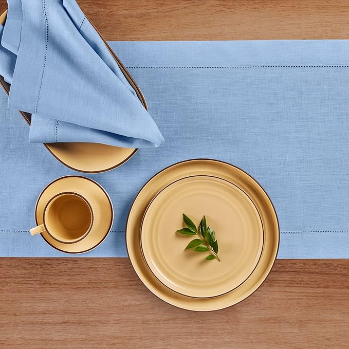 Solino Home Linen Cornflower Blue Table Runner 132 Inches Long - 100% Pure Linen Hemstitch 14 x 132 Inch Table Runner for Dining - Classic Hemstitch