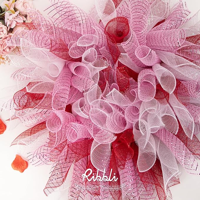 Ribbli 2 Rolls White Mesh Ribbon,10 inch x 30 feet(10Yard) Each Roll,Metallic White with Iridescent Foil,Christmas Ribbon for Wreath Swags and Decorating