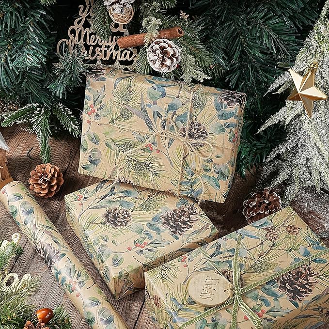 RUSPEPA 30" X 100' Kraft Christmas Wrapping Large Paper Roll, Jumbo Roll, Watercolor Pinecone and Eucalyptus Leaf Design, Kraft Gift Wrap for Christmas, Winter Holiday Party, Rustic Natural Theme