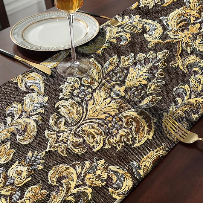 Embroidered Dark Brown Table Runners 120" Boho Thick Chenille Gold Floral Pattern for Party Decor