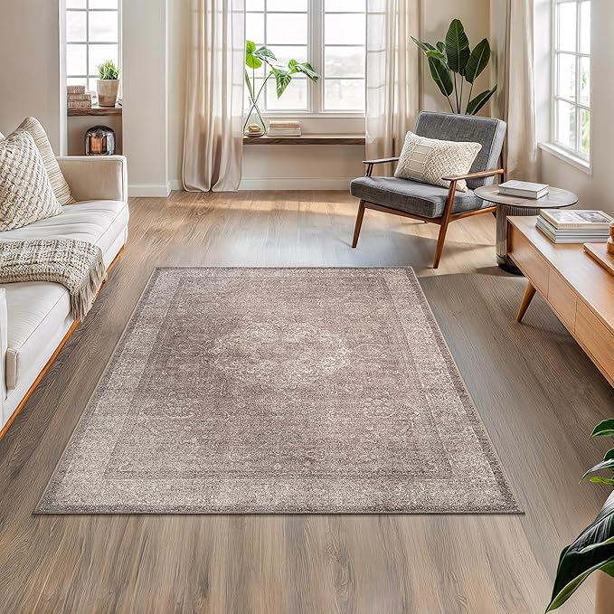 Bloom Rugs Washable Non-Slip 4' x 6' Rug - Taupe/Beige Traditional Medallion Area Rug for Living Room, Bedroom, Dining Room, and Kitchen - Exact Size: 4' x 6'