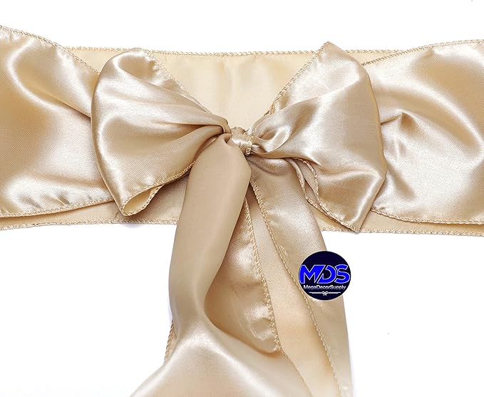 MDS Pack of 50 PCS Satin Chair Sashes Charmeuse Sateen Dining Chair Bows Ribbon Ties Back Sash for Wedding Party Birthday Home Hotel Restaurant Banquet Decoration (7 x 108 Inch, Champagne Gold)