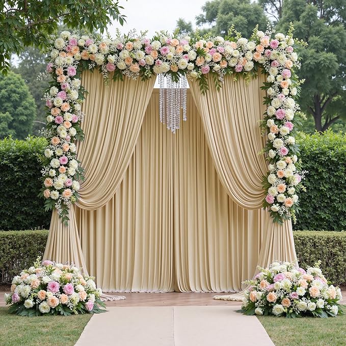 60ftx12ft Wrinkle Free Beige Backdrop Curtain, 12 Panels 12FT Height Beige Wedding Backdrop Drapes, Silky Polyester Back Drop Cloth for Birthday Photography Background Party Backdrop Draping