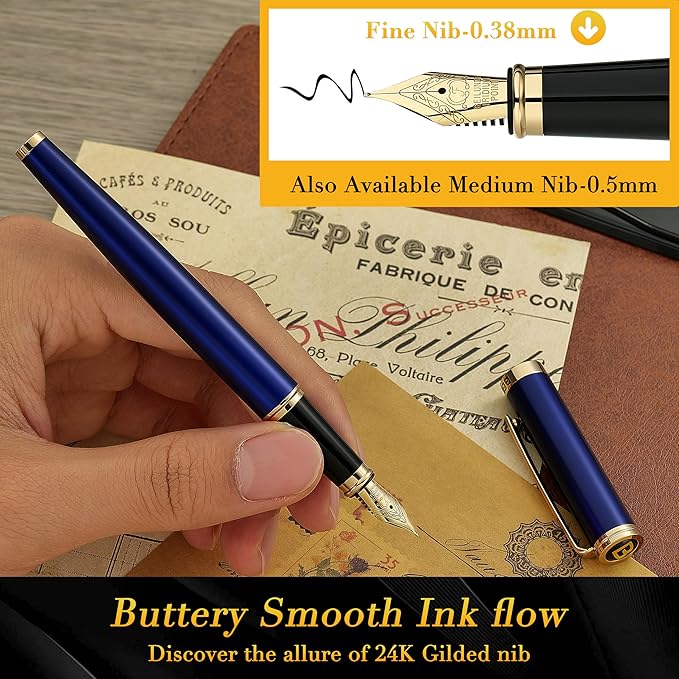 BEILUNER Blue Fountain Pen,Stunning Luxury Pens with 24K Gold Finish, Gorgeous 24K Gilded Nib(Fine), Trustworthy Pen Gift for Men&Women -Ink Converter-Elegant, Graduation,Nice Pen for Writing