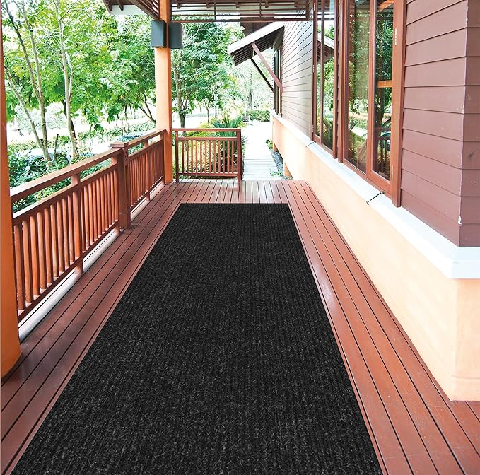 Ottomanson 2' x 12' Hallway Runner with Scraper Pile Extra Durable Non-Slip Rug Mat for Indoor & Outdoor Use - Ideal for Kitchen, Entryway, Patio & Garage - High-Traffic Carpet, Black