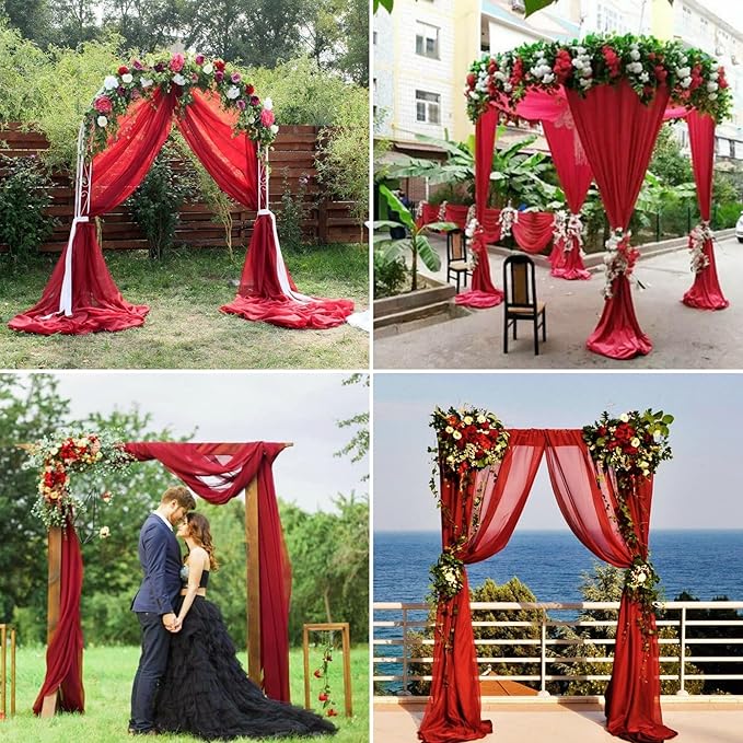 6 Panels Red Wedding Arch Drapery 28" x 20Ft Wedding Arch Draping Fabric Chiffon Fabric Drape Sheer Backdrop Curtain for Weddings Outdoor Party Ceremony Birthday Arbor Drapery Reception Ceiling Décor