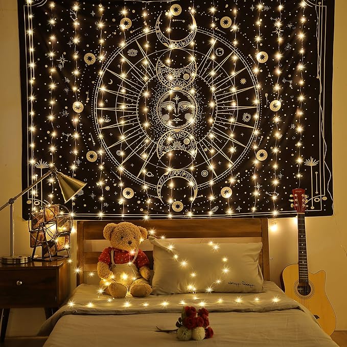 Meonum Curtain Tapestry Backdrop String Lights, Each 13 Strings 6.6 x 5 ft Tapestry Fairy String Light, 8 Modes Window Wall Hanging Light Strings for Bedroom Christmas Curtain Decor(3 Pack)