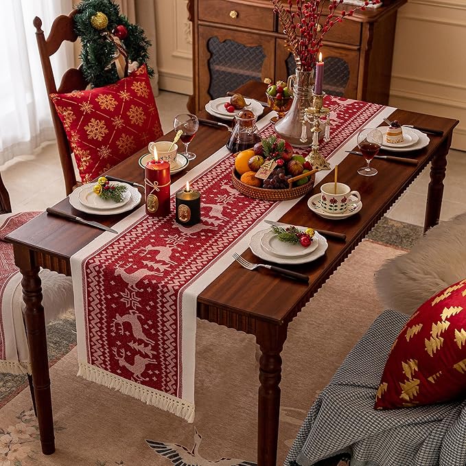 Table Runners 63 Inches,Elk Table Runner with Tassel Fringe,Christmas Table Runner for Party，Coffee Table, Festival