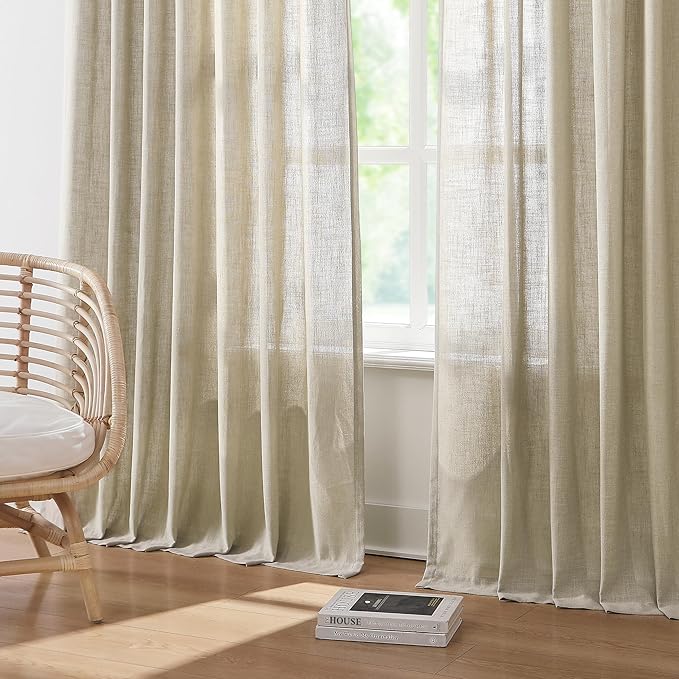 Vision Home Sand Pinch Pleated Semi Sheer Curtains Textured Linen Blended Light Filtering Window Curtains 90 inch for Living Room Bedroom Patio Pinch Pleat Drapes with Hooks 1 Panel 84" Wx90 L