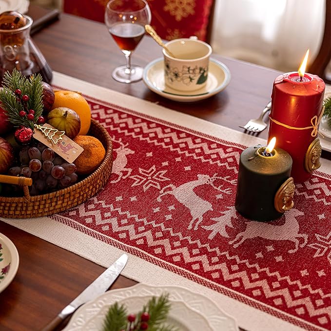 Table Runners 72 Inches,Elk Table Runner with Tassel Fringe,Christmas Table Runner for Party，Coffee Table, Festival