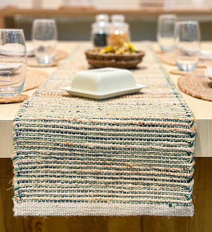 Chardin home Natural Jute Table Runner 13x90 Inch – Vintage Boho Rustic Table Decor – Handwoven Table Runner in Natural Jute and Green – Farmhouse Dining or Console Table Accent