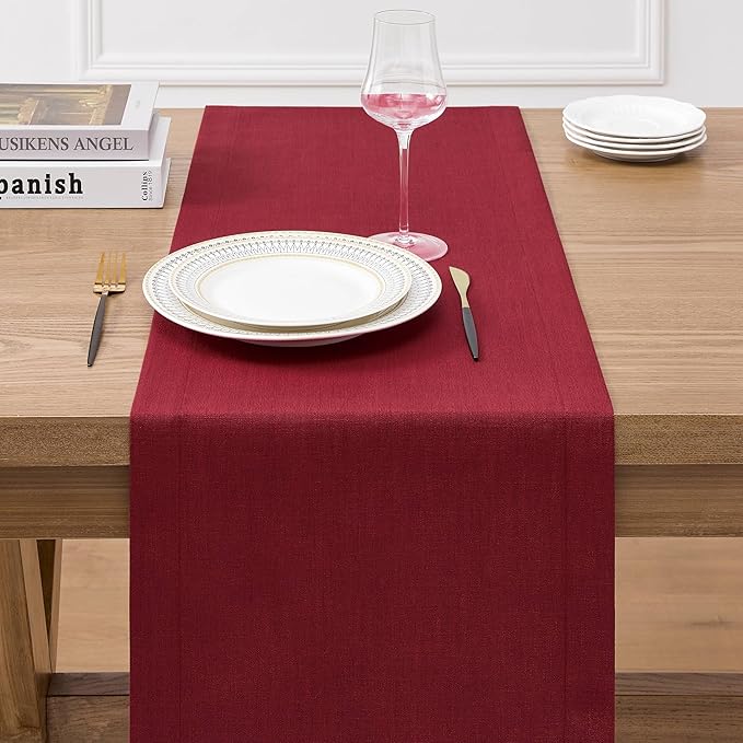 ZeeMart Linen Textured Border Table Runner, 14 x 108 Inch Red, Farmhouse Style Red Table Runners 108 Inches Long, Easy Care Everyday Polyester Table Runner