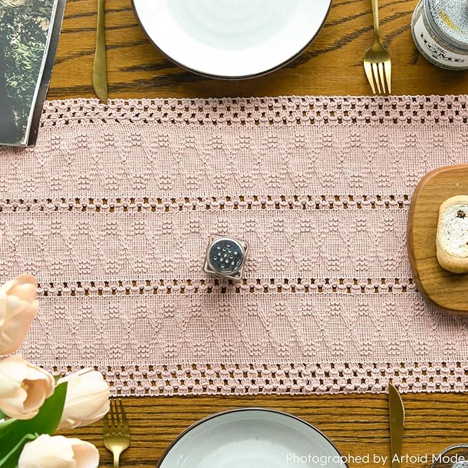 Artoid Mode Pink Farmhouse Woven Rustic Hollow Table Runner, Seasonal Holiday Kitchen Dining Table Decoration for Home Party Decor 12x36 Inch