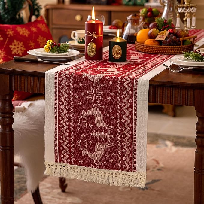 Table Runners 48 Inches,Elk Table Runner with Tassel Fringe,Christmas Table Runner for Party，Coffee Table, Festival