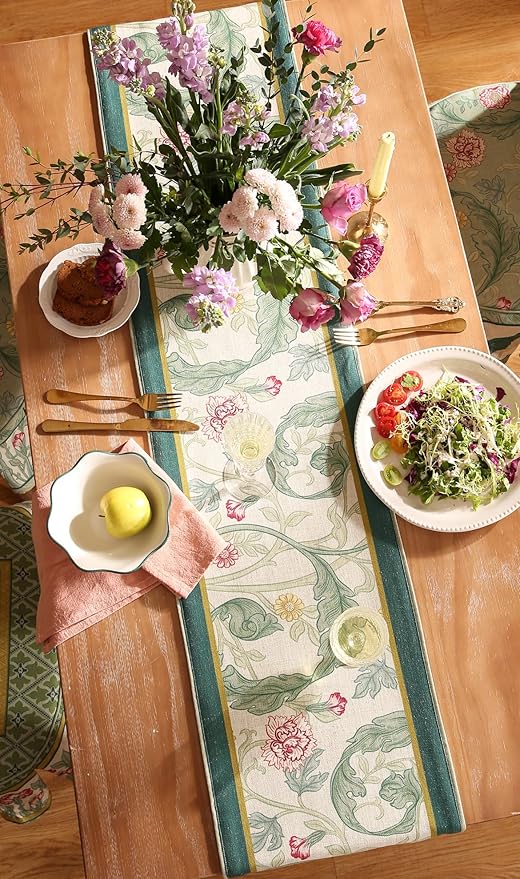 patdrea Designer Green Floral Table Runner,French Elegant Vibrant Rustic Linen with Green Leaves Patterns Fabric Table Mat,Decoration for Kitchen Dining Room Banquet Christmas,12"*102"