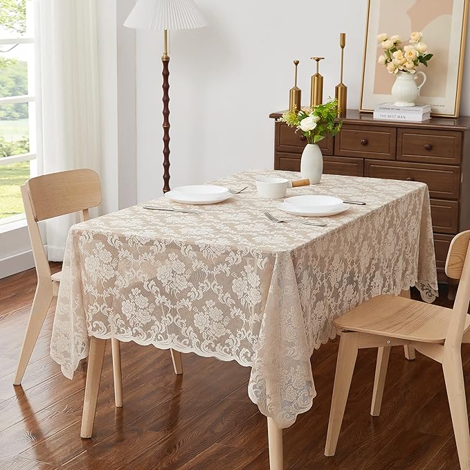 LinenZone Linen Rectangle Tablecloth for Rustic Vintage Decor. Sheer Lace Tablecloth Works Great As Wedding, Thanksgiving or Baby Shower Decor (Mia TC 54 x 72, Linen)