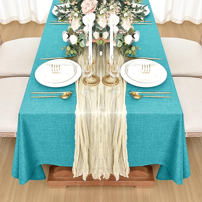 Fitable Faux Linen Tablecloths for Rectangle Tables: Water & Stain Resistant Farmhouse Table Cloth, Washable Burlap Textured Table Covers for Kitchen Dining Party(2 Pack, 60x102 Inch, Teal)
