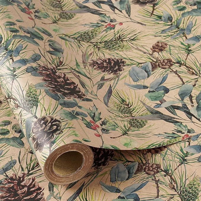 RUSPEPA Kraft Christmas Wrapping Paper Roll, Mini Roll, Watercolor Pinecone and Eucalyptus Leaf Design, Kraft Gift Wrap for Christmas, Winter Holiday Party, Rustic Natural Theme, 17 Inches x 16.4 Feet