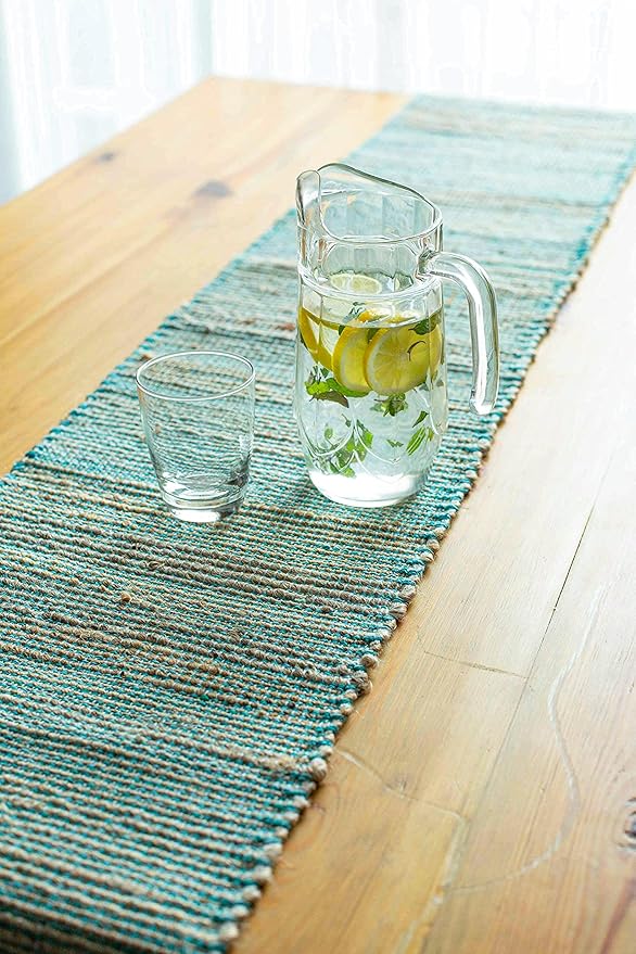 Chardin home Natural Jute Table Runner 13x72 Inch – Vintage Boho Rustic Table Decor – Handwoven Table Runner in Natural Jute and Aqua Turquoise – Farmhouse Dining or Console Table Accent