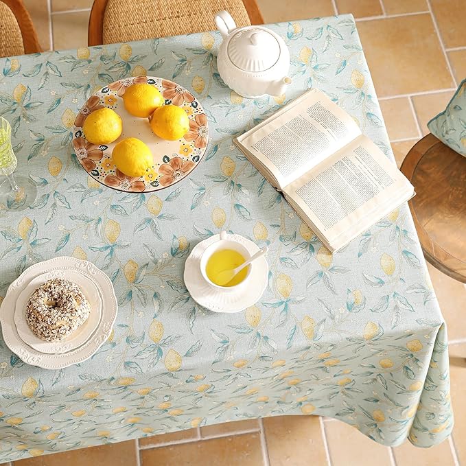 patdrea Designer Linen Green Long Tablecloth for Rectangle Table,Vintage Breathable Yellow Fruits Pattern Table Cloth,Decor Cover for Kitchen Dining,Christmas,Thanksgiving,Party,63"x102"-Ania a