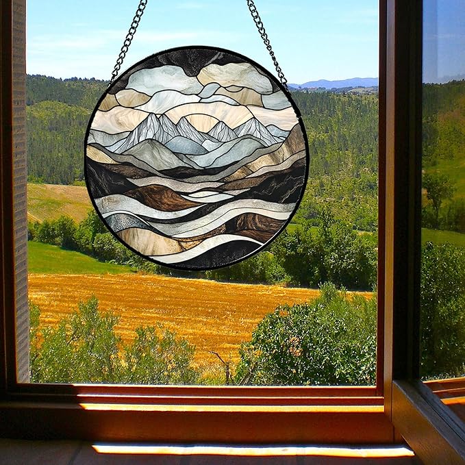 Stained Glass Window Hanging - Grey Mountains Landscape Suncatcher for Doors Garden Patio Retro Sun Catchers Decor Christmas Mother's Day Birthday Gifts for Women Men Mom Nana Friend 6.3 in