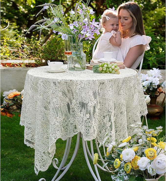 Lace Embroidered Tablecloth. Square Lace Vintage Tablecloth Dustproof Table Protector for Kitchen Dining Room Party Banquet Home Picnic Wedding Decoration (Creamy White 27.5×27.5 inch)