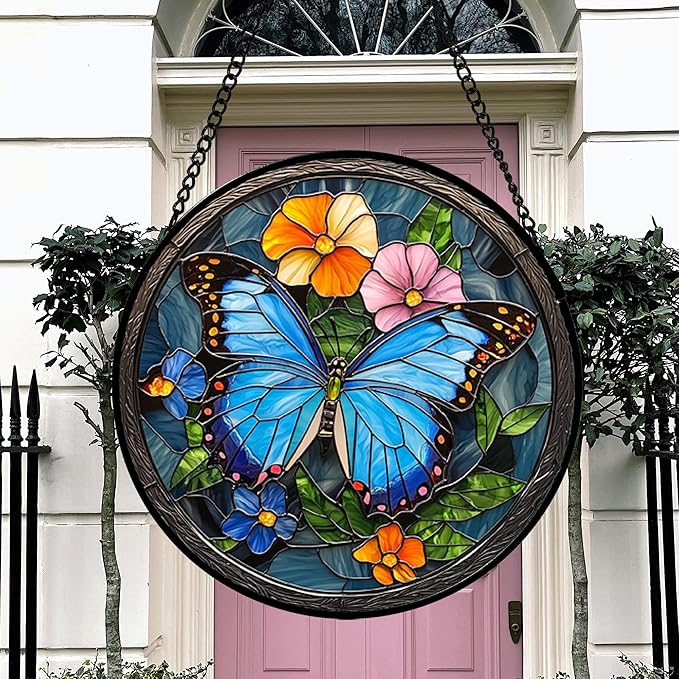Stained Glass Window Hanging, Blue Butterfly Flower Suncatcher for Doors Home Sun Catchers Decoration and Christmas, Mother's Day Birthday Gifts for Women, Men, and Mom 9.8 in