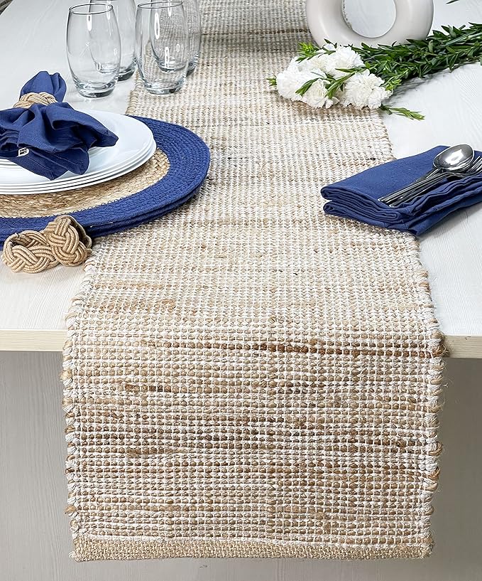 Chardin home Natural Jute Table Runner 13x90 Inch – Vintage Boho Rustic Table Decor – Handwoven Table Runner in Natural Jute and Ivory – Farmhouse Dining or Console Table Accent