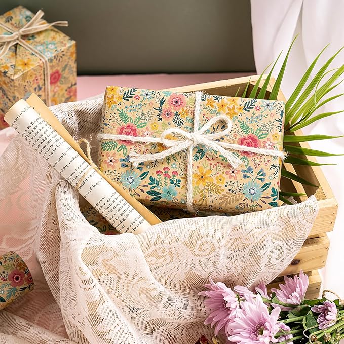 WRAPAHOLIC Kraft Floral Wrapping Paper Roll - Mini Roll - 17 Inch x 9.8 Feet - Spring Summer Garden Flower Design Perfect for Wedding, Bridal Shower, Birthday