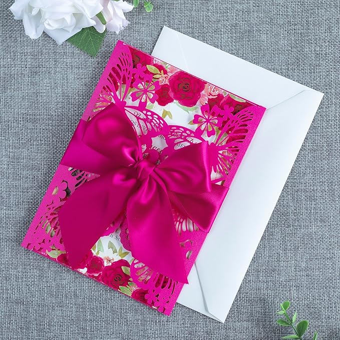 20 PCS 5.12x7.2 Butterfly Quinceanera Invitation, Laser Cut Wedding Invitation Cards with Envelopes for XV Anos Bridal Shower Baby Shower Invite (Fuchsia)
