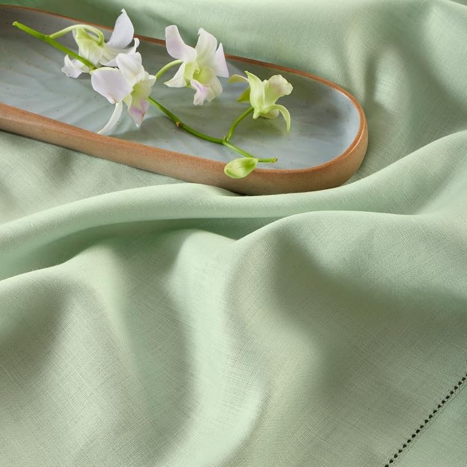 Solino Home Linen Tablecloth for Rectangle Tables 60 x 90 Inch - Classic Hemstitch 100% Pure Linen Light Green Table Cloth - Machine Washable Cloth Tablecloth