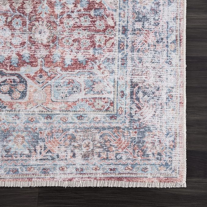 Bloom Rugs Caria Washable Non-Slip 7 ft Runner - Brick/Dark Blue Traditional Runner for Entryway, Hallway, Bathroom, and Kitchen - Exact Size: 2'6" x 7'
