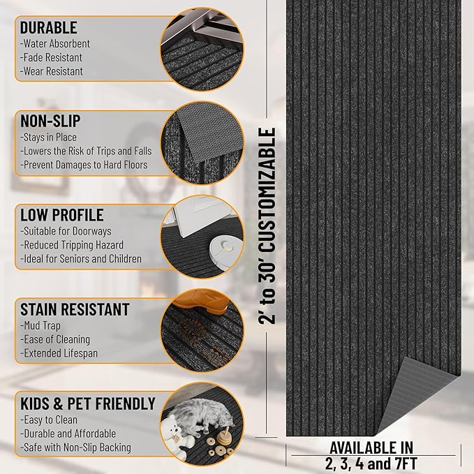Ottomanson 2'7" x 29' Hallway Runner with Scraper Pile - Extra Durable Non-Slip Rug Mat for Indoor & Outdoor Use - Ideal for Kitchen, Entryway & Garage - High-Traffic Carpet, Black