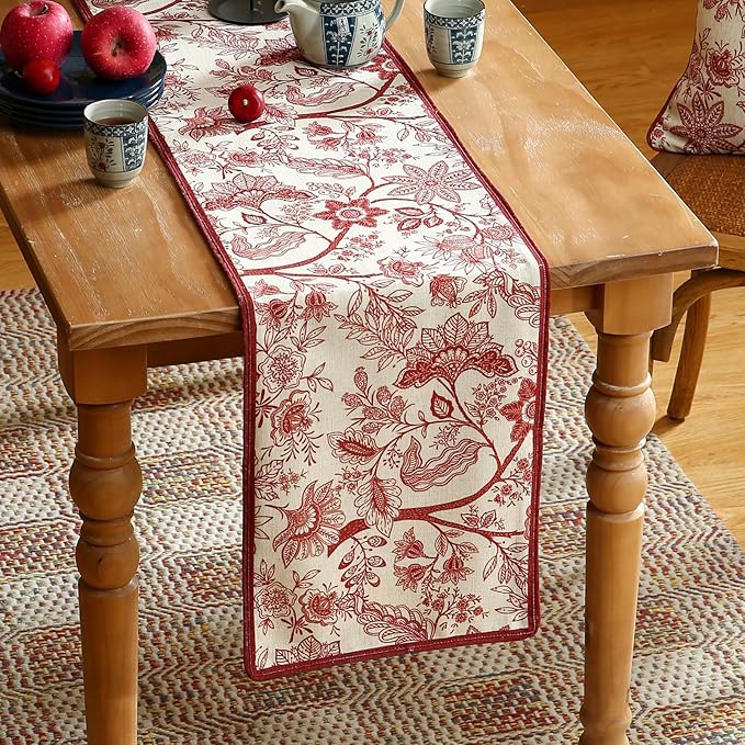 ISAENNE Designer Chinoiserie Elegant Linen Table Runner 71 Inches Long,Red Floral Pattern Decor Table Runners for Thanksgiving,Dining Room,Banquet,Kitchen Tables,Christmas,12"*71"-Ruyi A