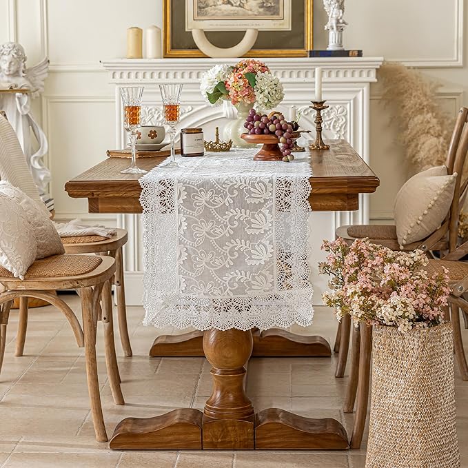 White Elegant Vintage Lace Table Runner,Wedding Lace Decor with Floral Embroidery,Tea Party Decor (White, 13.8X79 Inches)
