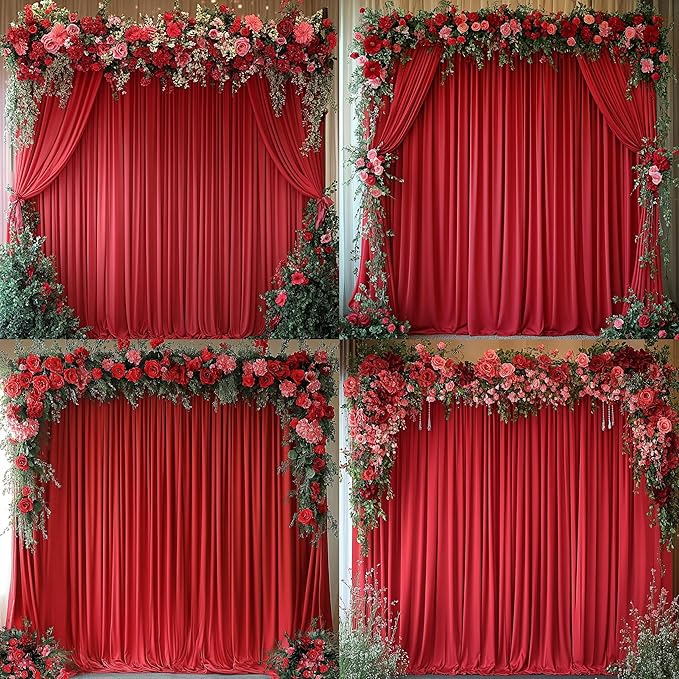 Outpain 30 ft x 8 ft Red Backdrop Curtain Panels, 6 Panels 5 ft x 8 ft Wrinkle Free Polyester Photography Backdrop Drapes, Wedding Party Home Decoration Supplies