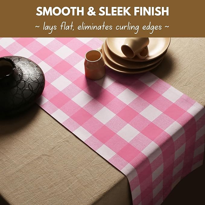 Native Fab Table Runner Buffalo Check Plaid 100% Cotton - 13x72 Inches Kitchen Dining Table Decoration for Indoor Outdoor Farmhouse Home Party Decor - Pink and White