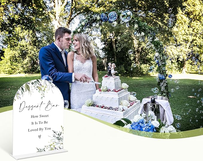 Greenery Dessert Bar Sign, 6 x 8 Inch White Arch Acrylic Wedding Sign with Holder, Wedding Sign for Ceremony and Reception, Wedding Decoration, Wedding Supplies - LY21