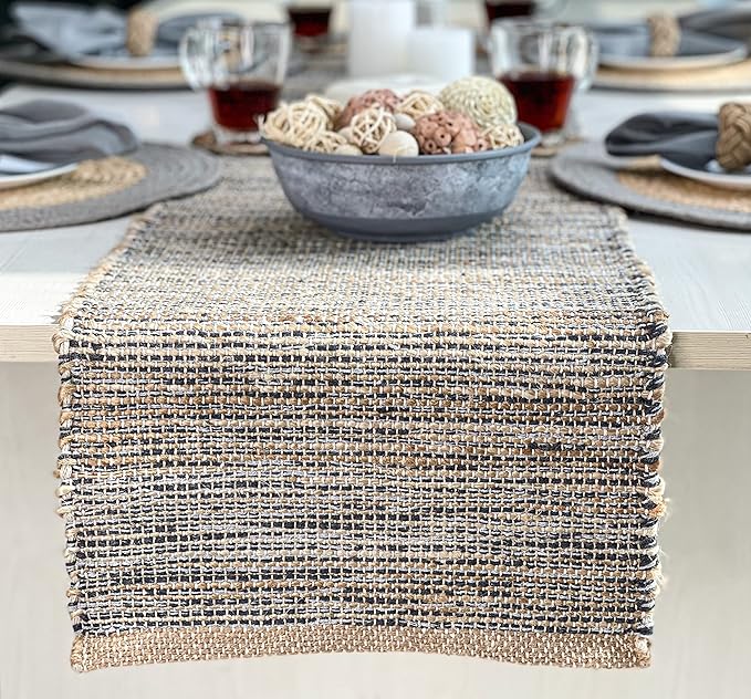 Chardin home Natural Jute Table Runner 13x108 Inch – Vintage Boho Rustic Table Decor – Handwoven Long Table Runner in Natural Jute and Grey – Farmhouse Dining or Console Table Accent