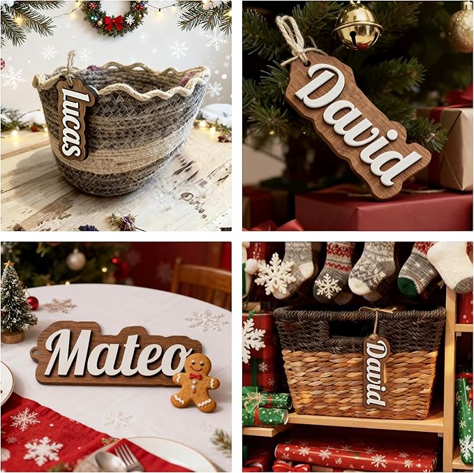 4Pcs Personalized Christmas Stocking Name Tags Custom Wooden Stocking Name Tag Customized Letters Tags Custom Xmas Stockings Hanging Tag Gifts for Christmas Stockings