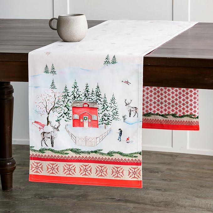 Maison d' Hermine Table Runner 100% Cotton Double Layer Table Runners 72 inches Long for Thanksgiving Christmas Decorations Home Kitchen Dining Party Wedding (Rural Christmas, 14.5" x 72")